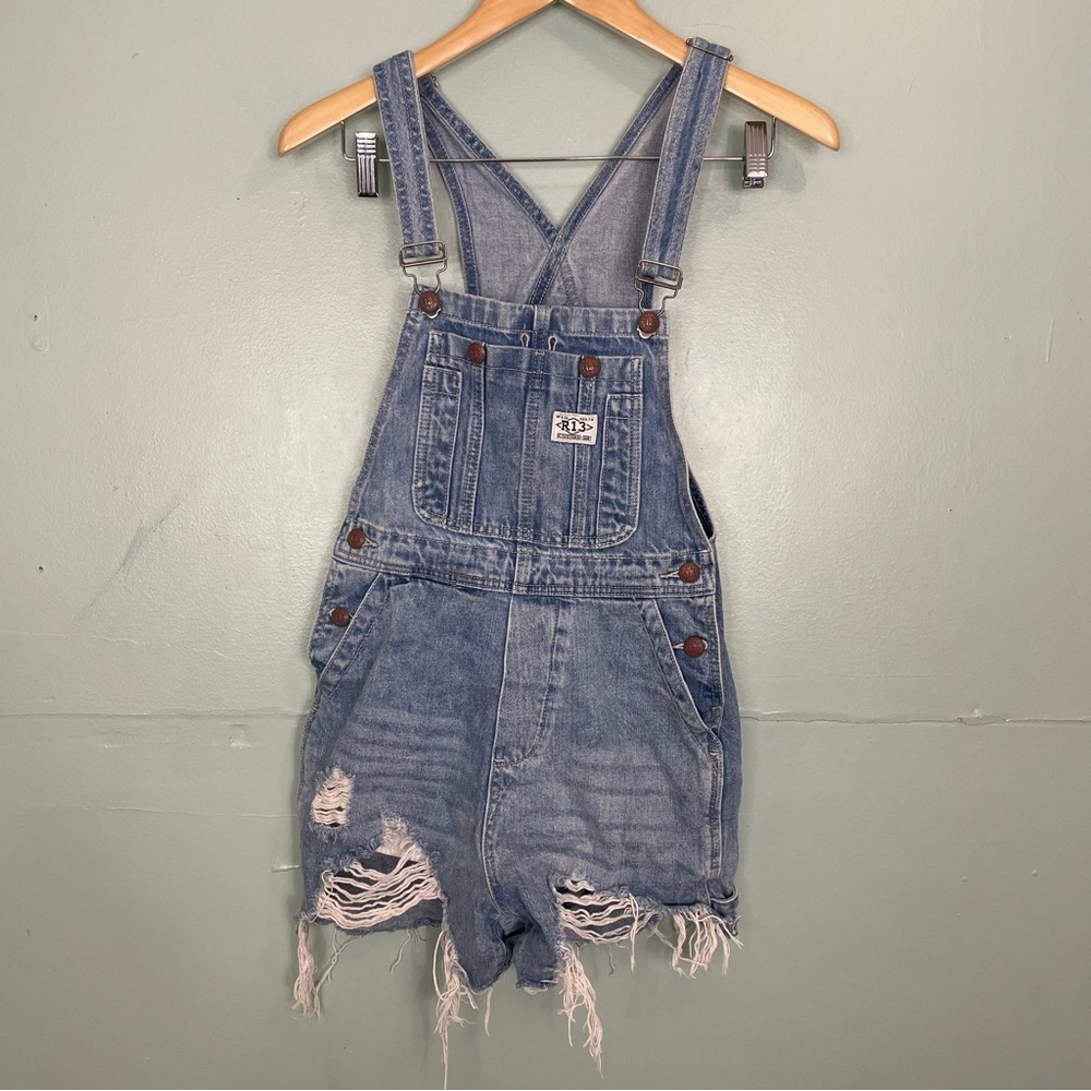 R13 Distressed Short Denim Overalls Blue Size 26